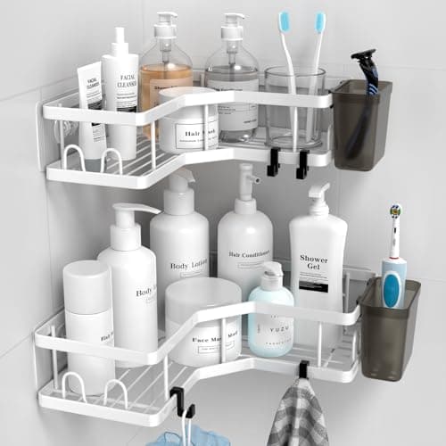 Stainless Steel Adhesive Corner Shower Caddy, 2 Pack, Hooks & Toothpaste Holder
