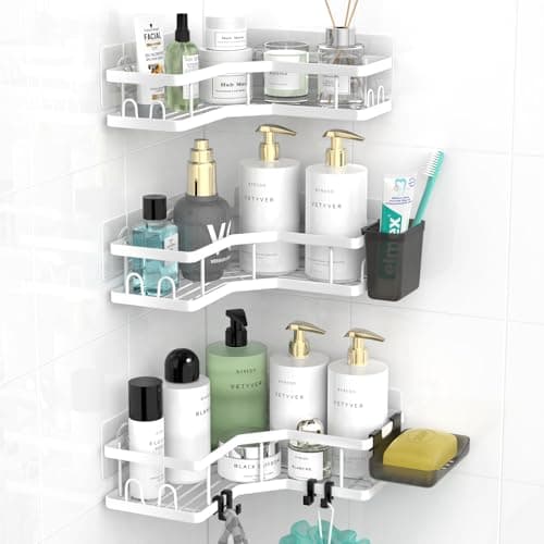 Stainless Steel Adhesive Corner Shower Caddy, 2 Pack, Hooks & Toothpaste Holder