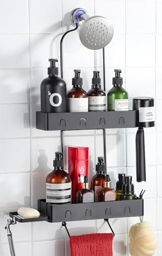 KEGII Black Waterproof Shower Caddy with Soap Holder - No Drilling, Better Than Corner Shelves