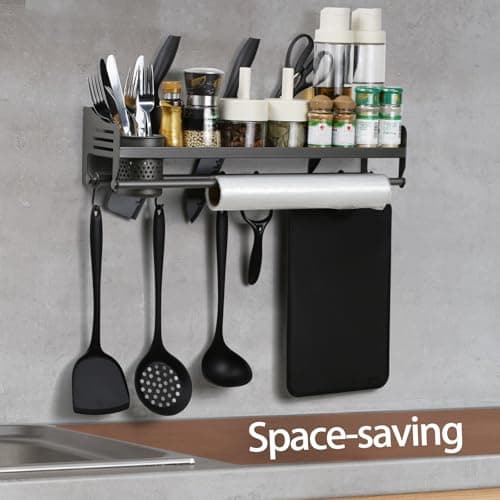 50CM Wall Mount Spice Rack with Hooks - Kitchen Organizer for Spices, Utensils, and Jars