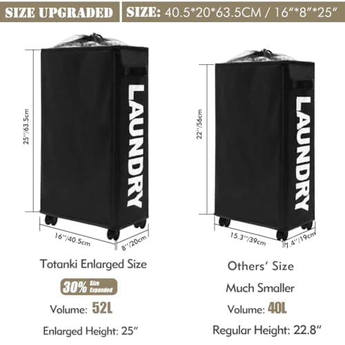 TOTANKI 25" Rolling Laundry Basket, Foldable with Handle (Black)