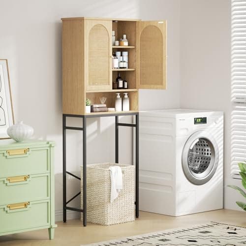 Tall Rattan Toilet Storage Cabinet with Metal Stand, Bathroom Organizer