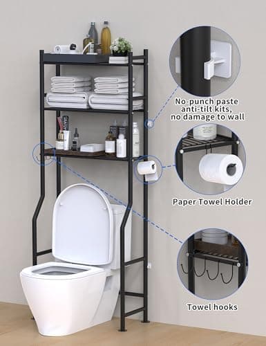Black 3-Tier Over-the-Toilet Storage Shelves with Hooks and Paper Holder