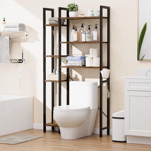 OTK 7-Tier Over The Toilet Storage Organizer - Freestanding Rack with Hooks & Adjustable Feet for Bathroom & Laundry