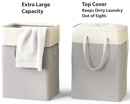 Gray Collapsible Laundry Hamper, 75L Rectangle Cotton Basket with Drawstring Handles, Pack of 2