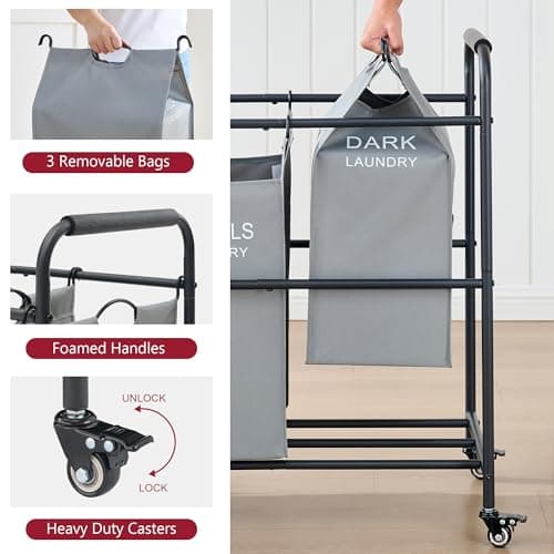 Tajsoon 3 Bag Laundry Sorter Cart, Grey