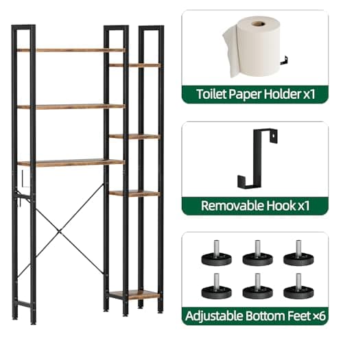 OTK 7-Tier Over The Toilet Storage Organizer - Freestanding Rack with Hooks & Adjustable Feet for Bathroom & Laundry