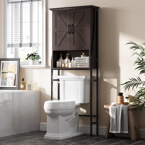 Gray Over the Toilet Organizer with Barn Doors and Storage Cabinet