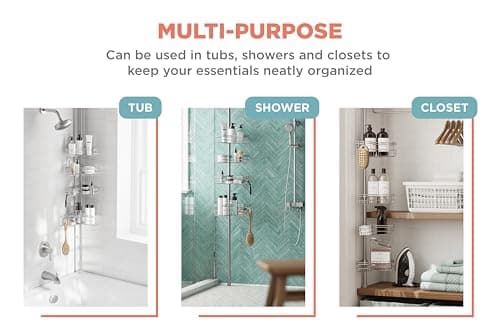 Zenna Home Adjustable Corner Shower Caddy, 60-97 Inch, Rust-Resistant Storage Basket System