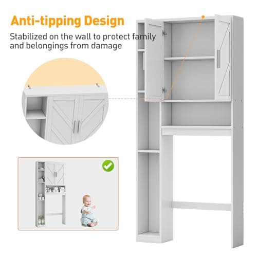 White Space-Saving Toilet Cabinet with 7 Shelves & Paper Holder, Above Toilet Organizer