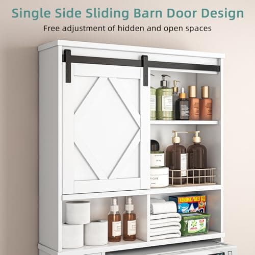 White Farmhouse Sliding Door Toilet Cabinet with Storage & Organizer