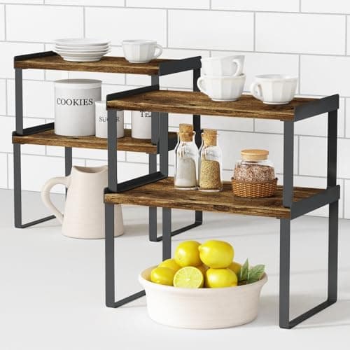 Bamboo & Black Expandable Kitchen Cabinet Organizer Set of 4 Shelves
