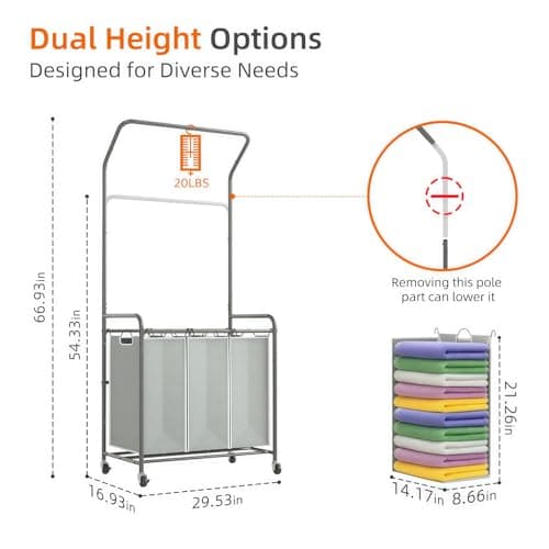 ROMOON 3-Section Laundry Hamper with Hanging Rack & Lockable Wheels - Upgraded 2025