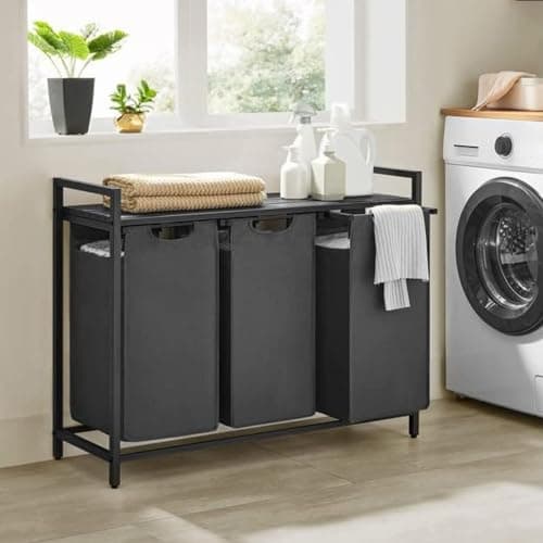 VASAGLE Laundry Sorter with 3 Bags, Metal Frame, 3 x 10 Gallons, Black and Gray