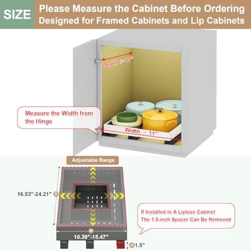 Black Expandable Cabinet Organizer (11"-16" W, 17"-24" D), 3 Rails, Rollout Drawers, No Drill Shelves, Kitchen & Pantry