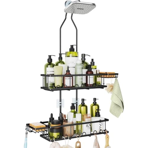 Black Rustproof Over Shower Organizer with Hooks & Soap Holders - Adjustable Height
