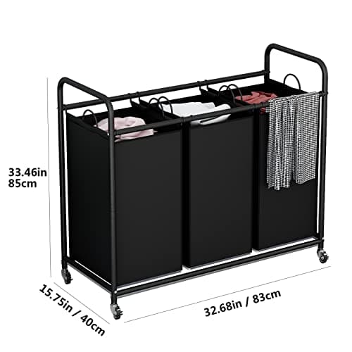 LINZINAR Heavy Duty 3-Bag Laundry Hamper with Lockable Wheels & Organizer
