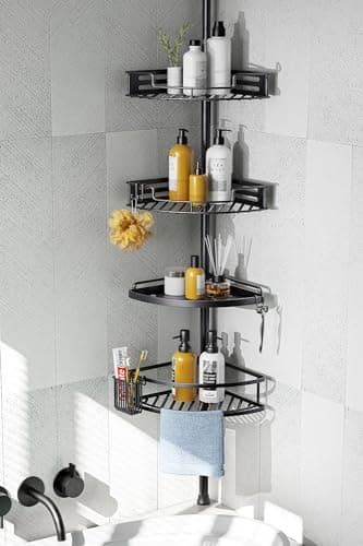 Hamitor 4-Tier Rustproof Bathroom Organizer - 47-121 inch Adjustable Shelving Rack - Black