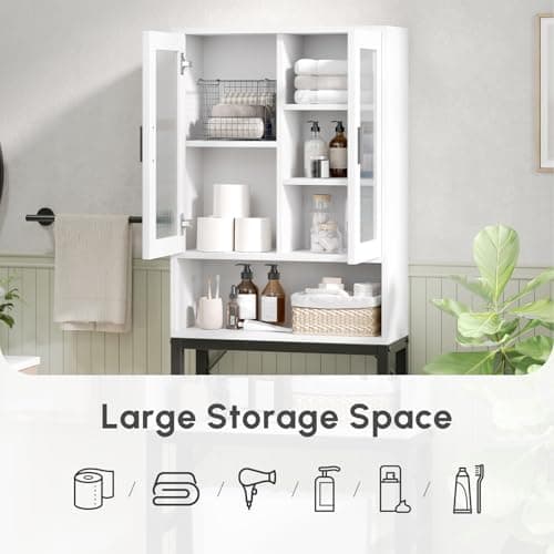 USHOWER Freestanding Toilet Storage Cabinet with Tempered Glass & Thick Metal Stand, White