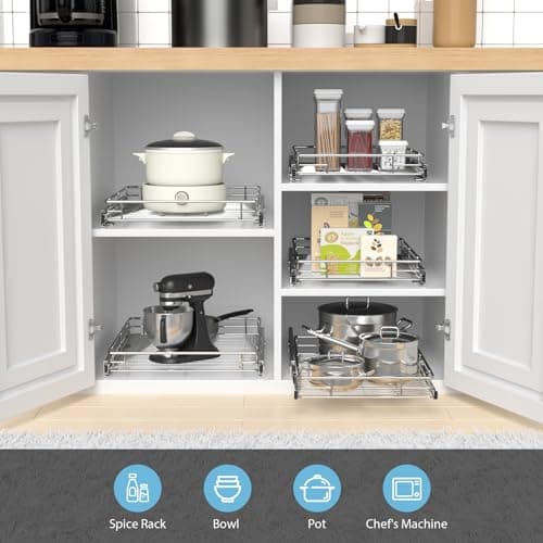 ZOINLIY Heavy Duty Pull-Out Kitchen Organizer, 14" x 21" Storage Basket, Smooth Sliding, Chrome Finish