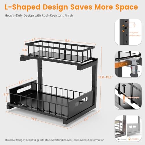 2-Pack Heavy Duty Under Sink Organizer, Adjustable Multi-Purpose Shelf (Black)