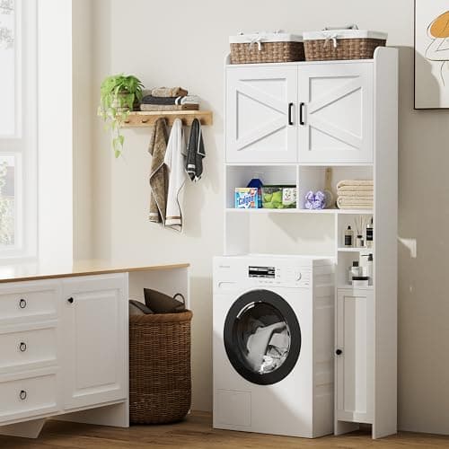 Toilet Storage Cabinet with Barn Doors and Toilet Paper Holder Stand, FreeStanding Shelf Space Saver for Bathroom, White