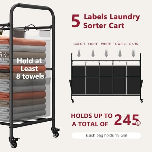 5-Bag Laundry Sorter Cart with Rolling Wheels for Dirty Clothes Storage