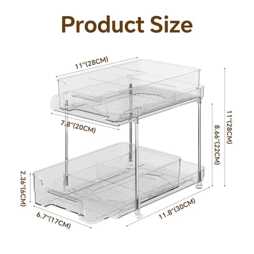 Under Sink Organizer Set: 2 Stackable Clear Bathroom Storage Drawer Bins with Dividers for Kitchen, Pantry, and Closet