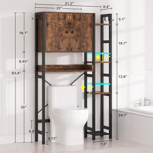Rustic 7-Tier Over-the-Toilet Storage Cabinet with Adjustable Shelf & 4 Hooks