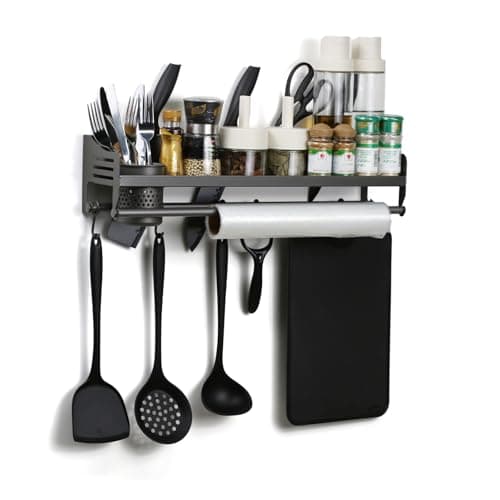 50CM Wall Mount Spice Rack with Hooks - Kitchen Organizer for Spices, Utensils, and Jars