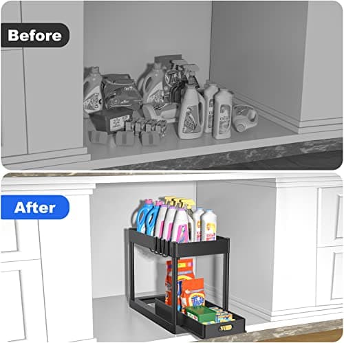 Black 2PC Under Sink Organizer Rack with Hooks for Bathroom Kitchen