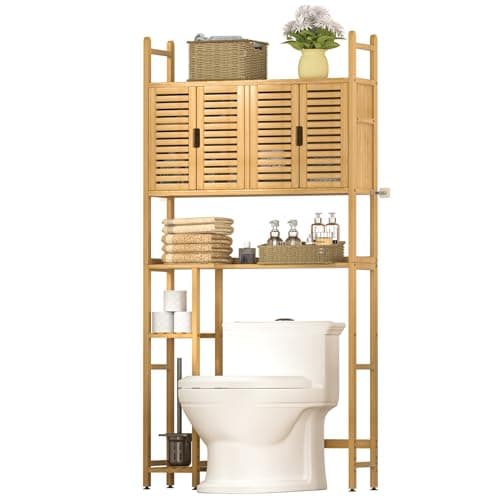 Bamboo Toilet Storage Cabinet with Paper Holder, 4-Door & Waterproof Feet (Brown)