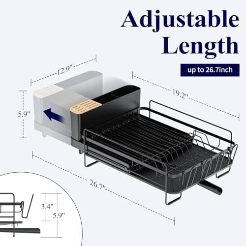 Kitsure Extendable Large Dish Drying Rack with Cutlery and Cup Holders - Anti-Rust Kitchen Organizer