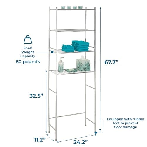 Honey-Can-Do 4-Tier Over-The-Toilet Organizer - Space-Saving Steel Shelf, Neutral Chrome, 24"W x 68"H