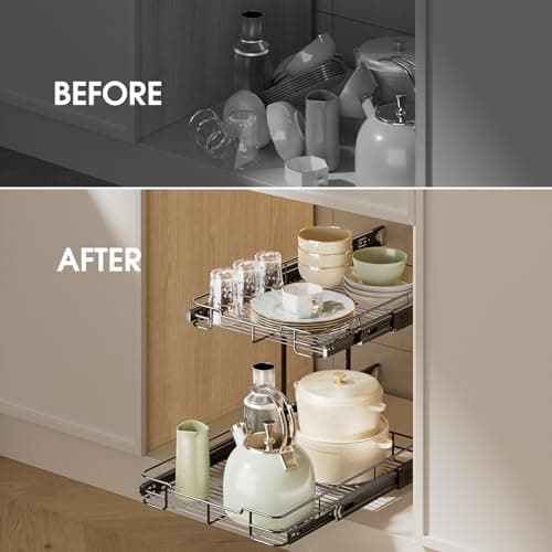 Delamu 2-Tier Pull Out Shelf for Kitchen Cabinet, Pantry, Bathroom (14" W x 21" D)
