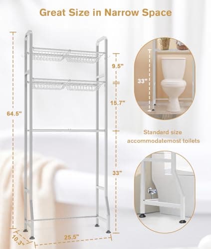 White Over-the-Toilet Storage Rack with 3-Tier Shelf & 6 Adjustable Shelves + 4 Hooks