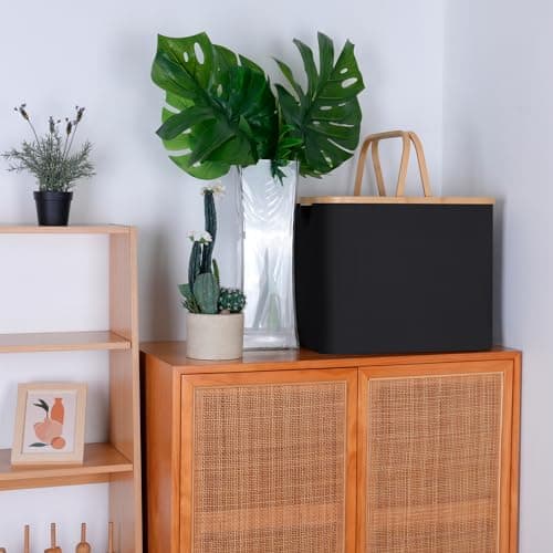 Black Laundry Hamper with Bamboo Handle, Collapsible 60L Basket for College Dorm and Family