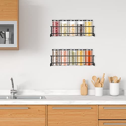 Black Wall Mounted Spice Rack, Hanging Organizer for Kitchen Storage (2pcs)