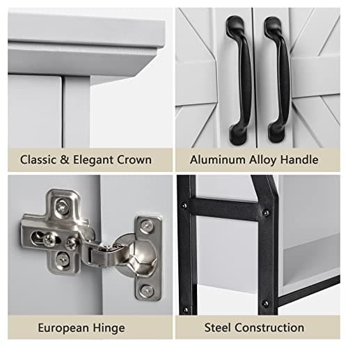 Gray Over the Toilet Organizer with Barn Doors and Storage Cabinet