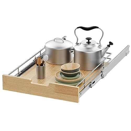 Heavy-Duty Wood and Wire Basket Pull Out Cabinet Organizer for Kitchen Pantry bathroom (14x21in)