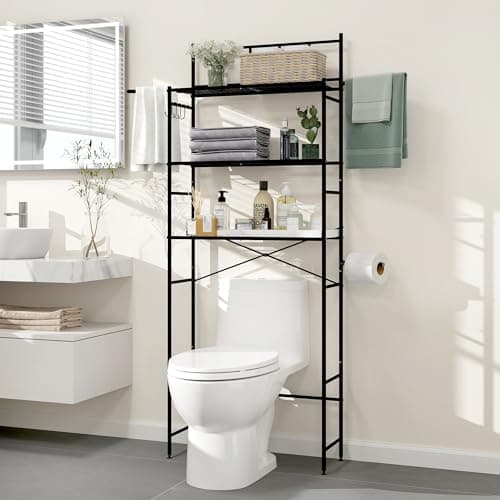 Black 3 Tier X-Bar Bathroom Organizer Above Toilet with 4 Hooks