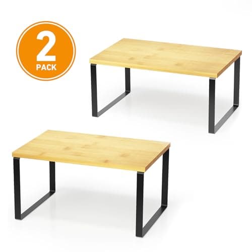 SpaceAid 2 Pack Kitchen Counter Shelf Organizers, Stackable Spice Racks (Black and Natural, Short)