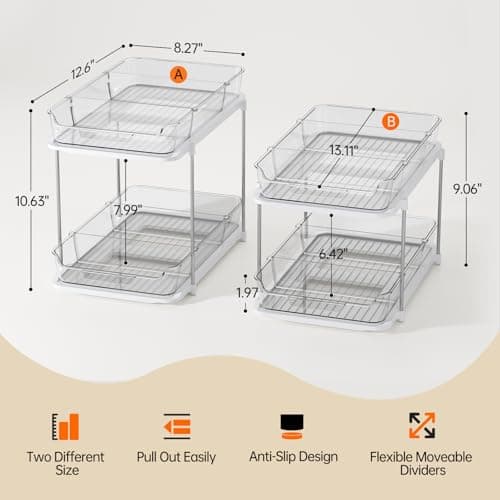 LAMU 2-Pack Bathroom & Kitchen Storage, 2-Tier Under-Sink Organizers with Drawers & Dividers
