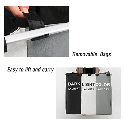 3 Section Foldable Aluminum Laundry Hamper with Mesh Cover (White+Grey+Black)