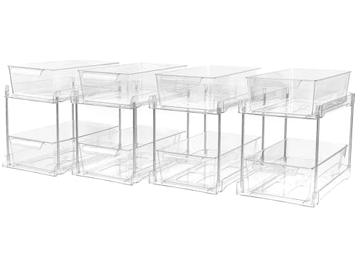 4Pack Clear Under Sink Bathroom Storage Organizers with Pull-Out Track for Pantry Cabinets