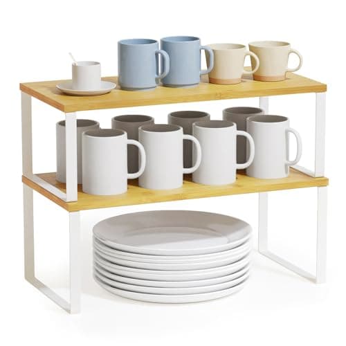 SpaceAid 2 Pack Kitchen Counter Shelf Organizers, Stackable Spice Racks (Black and Natural, Short)