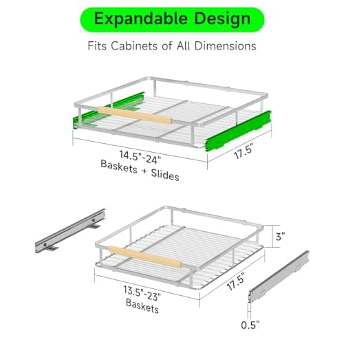 Adjustable Stainless Steel Pull Out Drawers for Cabinets (14.5"-24" Width)