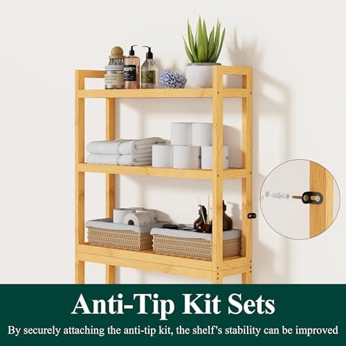 Smiry Bamboo 3-Tier Over Toilet Organizer, Stable Freestanding Shelf with 4 Hooks