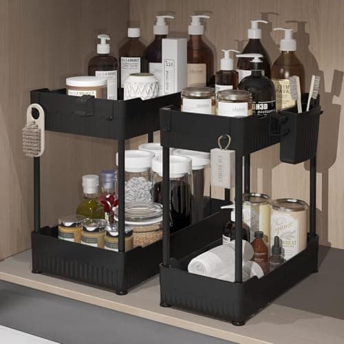 2 Pack Under Sink Organizer, Black: Hooks & Cups for Multi-Purpose Storage