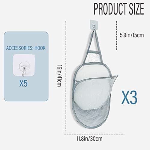 3-Piece Foldable Grey Mesh Laundry Hamper with Handle for Home & Hotel
